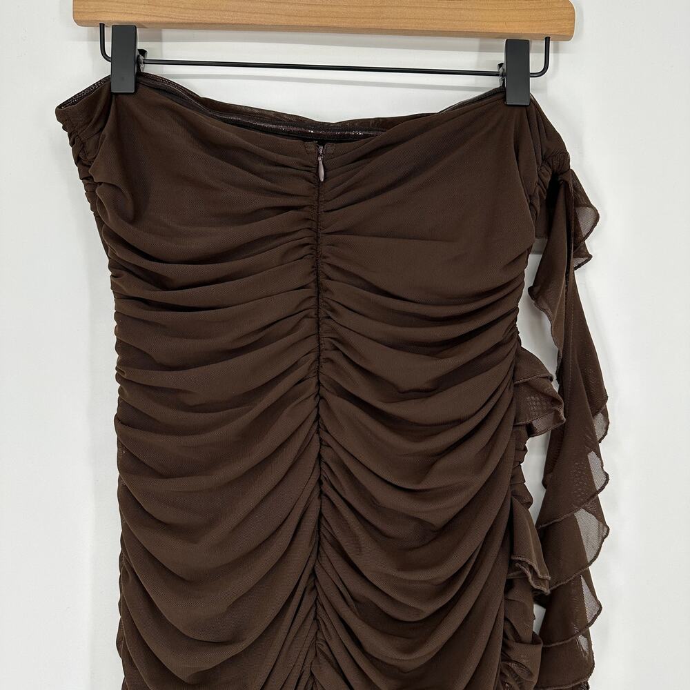 Rare London Mocha Brown Strapless Bandeau Ruffle Detail Mini Dress Womens US 8 - Picture 5 of 12